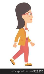 Business woman walking vector flat design illustration isolated on white background. . Business woman walking