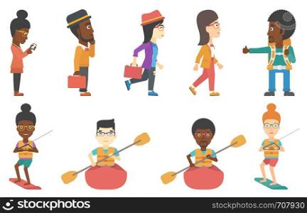 Business woman walking with briefcase. Business woman going to work. Business woman using cell phone. Business man looking forward. Set of vector flat design illustrations isolated on white background. Set of tourists business and sport characters.