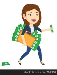 Business woman walking with briefcase full of money and committing economic crime. Business woman stealing money. Economic crime concept. Vector flat design illustration isolated on white background.. Business woman with briefcase full of money.