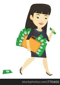 Business woman walking with briefcase full of money and committing economic crime. Business woman stealing money. Economic crime concept. Vector flat design illustration isolated on white background.. Business woman with briefcase full of money.