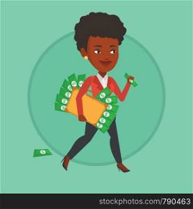 Business woman walking with briefcase full of money and committing economic crime. Woman stealing money. Economic crime concept. Vector flat design illustration in the circle isolated on background.. Business woman with briefcase full of money.
