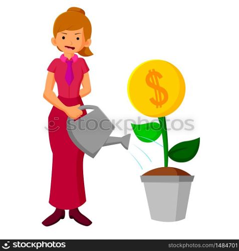 Business woman watering money flower