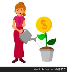 Business woman watering money flower