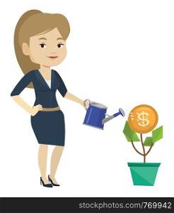 Business woman watering money flower. Woman investing in business project. Concept of investment money in business. Investment concept. Vector flat design illustration isolated on white background.. Business woman watering money flower.
