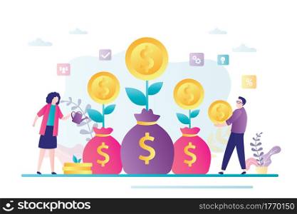 Business woman watering money tree. Businessman save money for promotion. Cartoon people investment in growth capital and profits. Investors strategy, funding concept. Trendy flat vector illustration. Business woman watering money tree. Businessman save money for promotion.