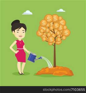 Business woman watering money tree. Businesswoman investing money in business project. Illustration of investment money in business. Investment concept. Vector flat design illustration. Square layout.. Woman watering money tree vector illustration.