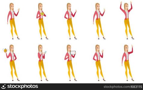Business woman waving her hand. Full length of business woman waving hand. Business woman making greeting gesture - waving hand. Set of vector flat design illustrations isolated on white background.. Vector set of illustrations with business people.