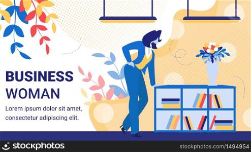 Business Woman Wearing Formal Suit Standing in Confident Pose Leaning on Book Shelf on Modern Interior Background. Female Boss Character in Office Cartoon Flat Vector Illustration, Horizontal Banner. Business Woman Boss Character in Office Banner