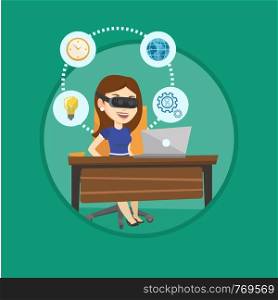 Business woman wearing virtual reality headset and working on computer. Business woman using virtual reality device in office. Vector flat design illustration in the circle isolated on background.. Business woman in vr headset working on computer.