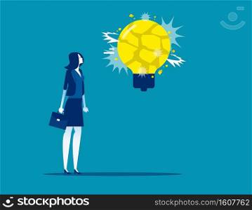 Business woman with big light bulb explosive. Concept business idea vector illustration. Frightened 