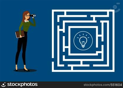 Business woman with binoculars looking at the maze with idea bulb.Cartoon design vector concept illustration. . Business woman with binoculars looking at the maze with idea bul