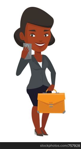 Business woman with briefcase making selfie. Business woman making selfie with cellphone. Woman looking at smartphone and taking selfie. Vector flat design illustration isolated on white background.. Business woman making selfie vector illustration.