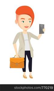 Business woman with briefcase making selfie. Business woman making selfie with cellphone. Woman looking at smartphone and taking selfie. Vector flat design illustration isolated on white background.. Business woman making selfie vector illustration.