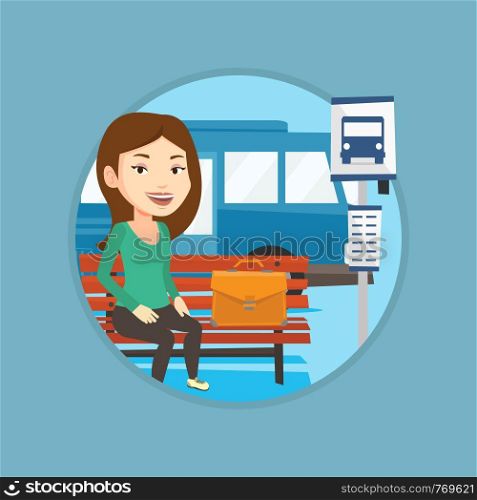 Business woman with briefcase waiting at the bus stop. Woman sitting at the bus stop. Businesswoman sitting on a bus stop bench. Vector flat design illustration in the circle isolated on background.. Business woman waiting at the bus stop.