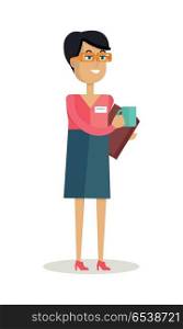 Business Woman with Cup. Business woman with cup of hot hot drink. Concept of business people coffee break, business team coffee break, communicating at break. Isolated smiling young personage. Flat design vector illustration