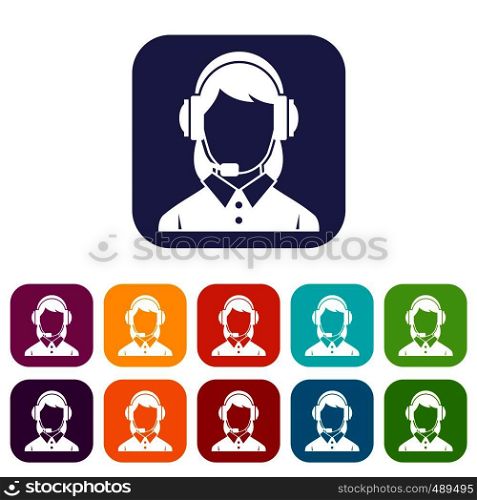 Business woman with headset icons set vector illustration in flat style in colors red, blue, green, and other. Business woman with headset icons set