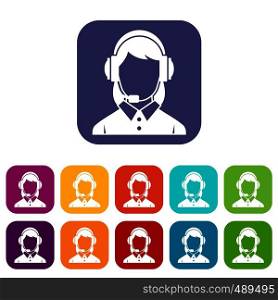 Business woman with headset icons set vector illustration in flat style in colors red, blue, green, and other. Business woman with headset icons set