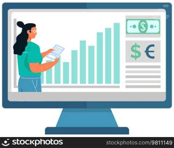 Business woman with laptop studies statistics. Female character, marketing analyst checks dynamics of changes in indicators. Exchange trading, financial literacy. Graphs and charts on screen. Business woman with laptop studies statistics. Female character, marketing analyst checks dynamics