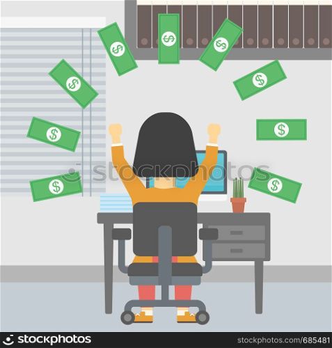 Business woman with raised hands celebrating while sitting at workplace under money rain. Successful business concept. Vector flat design illustration. Square layout.. Successful business woman under money rain.