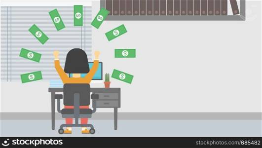 Business woman with raised hands celebrating while sitting at workplace under money rain. Successful business concept. Vector flat design illustration. Horizontal layout.. Successful business woman under money rain.