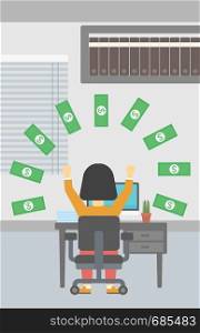 Business woman with raised hands celebrating while sitting at workplace under money rain. Successful business concept. Vector flat design illustration. Vertical layout.. Successful business woman under money rain.