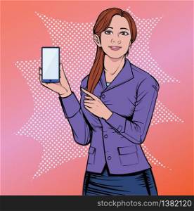 Business woman with smartphone and mobile phone Some people are impressive. Illustration vector On pop art comics style Boards background.