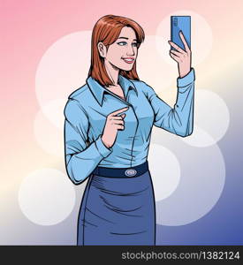 Business woman with smartphone and mobile phone Some people are impressive. Illustration vector On pop art comics style Boards background.