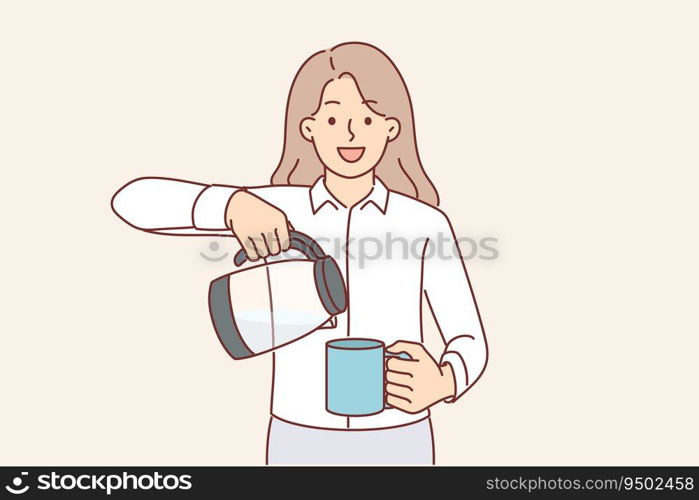 Business woman with teapot and mug looks at camera, pouring hot beverage to cheer up and continue productive work. Successful girl office employee in business clothes offers to drink tea or coffee. Business woman with teapot and mug looks at camera, pouring hot beverage to cheer up