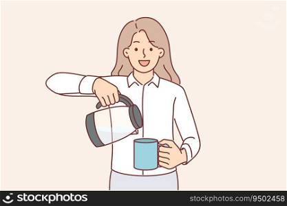 Business woman with teapot and mug looks at camera, pouring hot beverage to cheer up and continue productive work. Successful girl office employee in business clothes offers to drink tea or coffee. Business woman with teapot and mug looks at camera, pouring hot beverage to cheer up