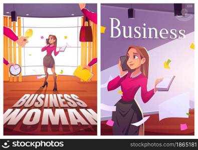 Business woman work in office cartoon posters, multitasking businesswoman with smartphone and notepad, hands holding working items in messy cabinet with flying paper documents, vector illustration. Business woman work in office cartoon posters