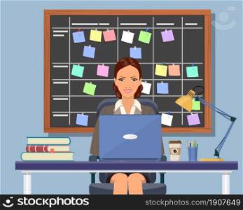 Business woman working at desk Planning schedule on task board concept. Planner, calendar on whiteboard. List of event for employee. Vector illustration in flat style. Business woman working at desk