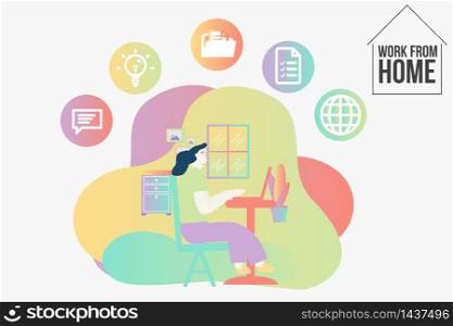 Business woman working at home with business icons. Character Sitting at Desk in Room, Looking at Computer Screen. A lot of work, overworked, stress, office routine concept. Isolated stock vector.