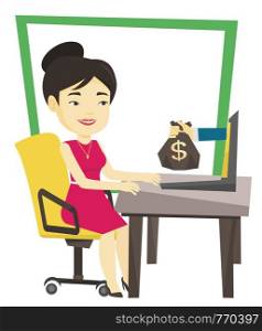 Business woman working in office and bag of money coming out of laptop. Woman earning money from online business. Online business concept. Vector flat design illustration isolated on white background.. Businesswoman earning money from online business.