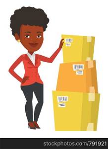 Business woman working in warehouse. Business woman checking boxes in warehouse. Business woman in warehouse preparing goods for dispatch. Vector flat design illustration isolated on white background. Business woman checking boxes in warehouse.