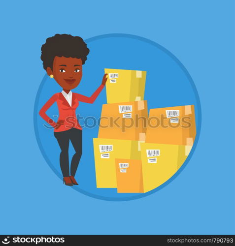 Business woman working in warehouse. Woman checking boxes in warehouse. Business woman preparing goods for dispatch in warehouse. Vector flat design illustration in the circle isolated on background.. Business woman checking boxes in warehouse.