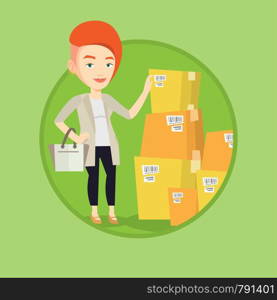 Business woman working in warehouse. Woman checking boxes in warehouse. Business woman preparing goods for dispatch in warehouse. Vector flat design illustration in the circle isolated on background.. Business woman checking boxes in warehouse.