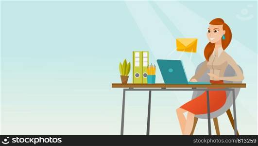 Business woman working on a laptop with email icon. Business woman receiving email. Business woman sending email. Business technology, email concept. Vector flat design illustration. Horizontal layout. Business woman receiving or sending email.