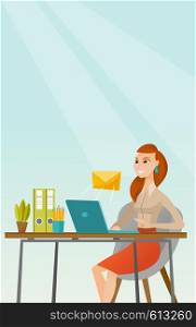 Business woman working on a laptop with email icon. Business woman receiving email. Business woman sending email. Business technology, email concept. Vector flat design illustration. Vertical layout.. Business woman receiving or sending email.