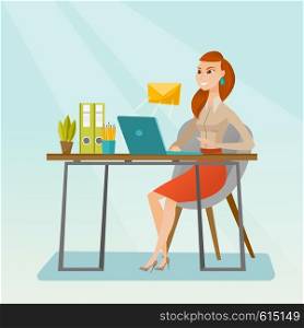Business woman working on a laptop with email icon. Business woman receiving email. Business woman sending email. Business technology, email concept. Vector flat design illustration. Square layout.. Business woman receiving or sending email.