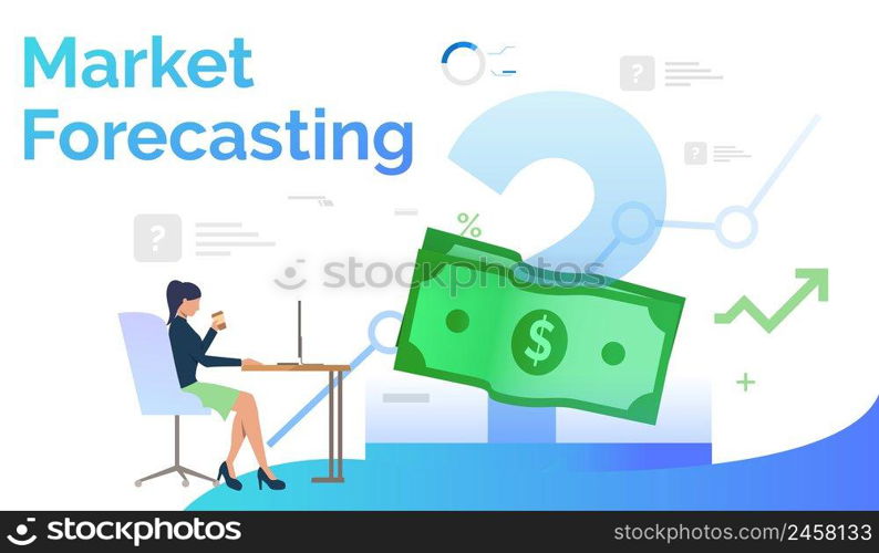 Business woman working on computer in office. Planning, management, analysis concept. Poster or landing template. Vector illustration for topics like business, finance, banking