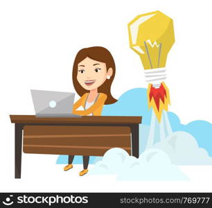 Business woman working on laptop in office and idea bulb taking off behind her. Businesswoman having business idea. Business idea concept. Vector flat design illustration isolated on white background. Successful business idea vector illustration.