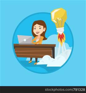 Business woman working on laptop in office and idea bulb taking off behind her. Woman having business idea. Business idea concept. Vector flat design illustration in the circle isolated on background.. Successful business idea vector illustration.