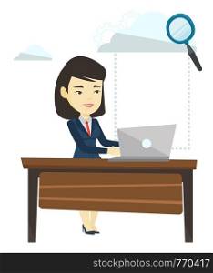 Business woman working on laptop under cloud. Woman using cloud computing technologies. Cloud computing and business technology concept. Vector flat design illustration isolated on white background.. Cloud computing technology vector illustration.