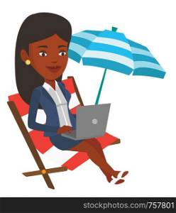 Business woman working on the beach. Business woman sitting in chaise lounge under beach umbrella. Business woman using laptop on beach. Vector flat design illustration isolated on white background.. Businesswoman working on laptop at the beach.
