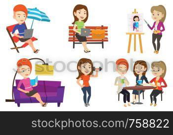 Business woman working outdoor. Business woman working on a laptop. Business woman sitting in chaise longue and working on laptop. Set of vector flat design illustrations isolated on white background.. Vector set of people during leisure activity.