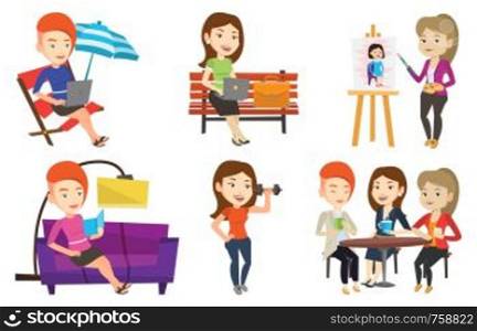 Business woman working outdoor. Business woman working on a laptop. Business woman sitting in chaise longue and working on laptop. Set of vector flat design illustrations isolated on white background.. Vector set of people during leisure activity.