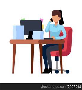 Business woman works in office. Professional elegant lady talk on phone at desk and pc, vector working businesswoman. Business woman works in office. Professional elegant lady talk on phone at desk, vector working businesswoman