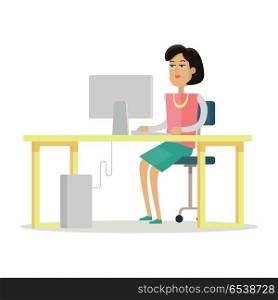 Business Woman Works on His Desktop. Young business woman works on her desktop in office, sitting at desk, looking at computer screen. Young woman personage in flat design isolated on white background. Vector illustration.
