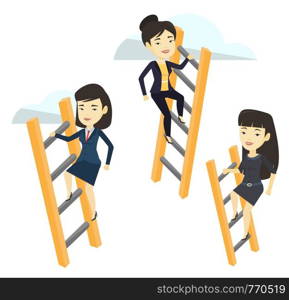 Business women climbing the ladders. Business women climbing on cloud. Business women climbing to success. Business competition concept. Vector flat design illustration isolated on white background.. Business people climbing to success.