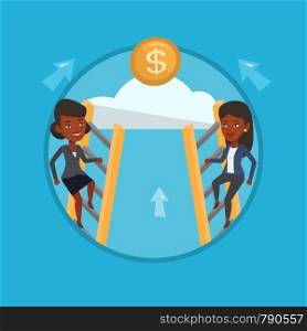 Business women competing for the money. Two competitive businesswomen climbing the ladder on a cloud. Business competition concept. Vector flat design illustration in the circle isolated on background. Two business women competing for the money.